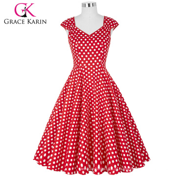 Grace Karin Stock sem mangas V-Neck Polka Dots Pattern Cotton Retro Vintage Red Party Dress CL007600-8